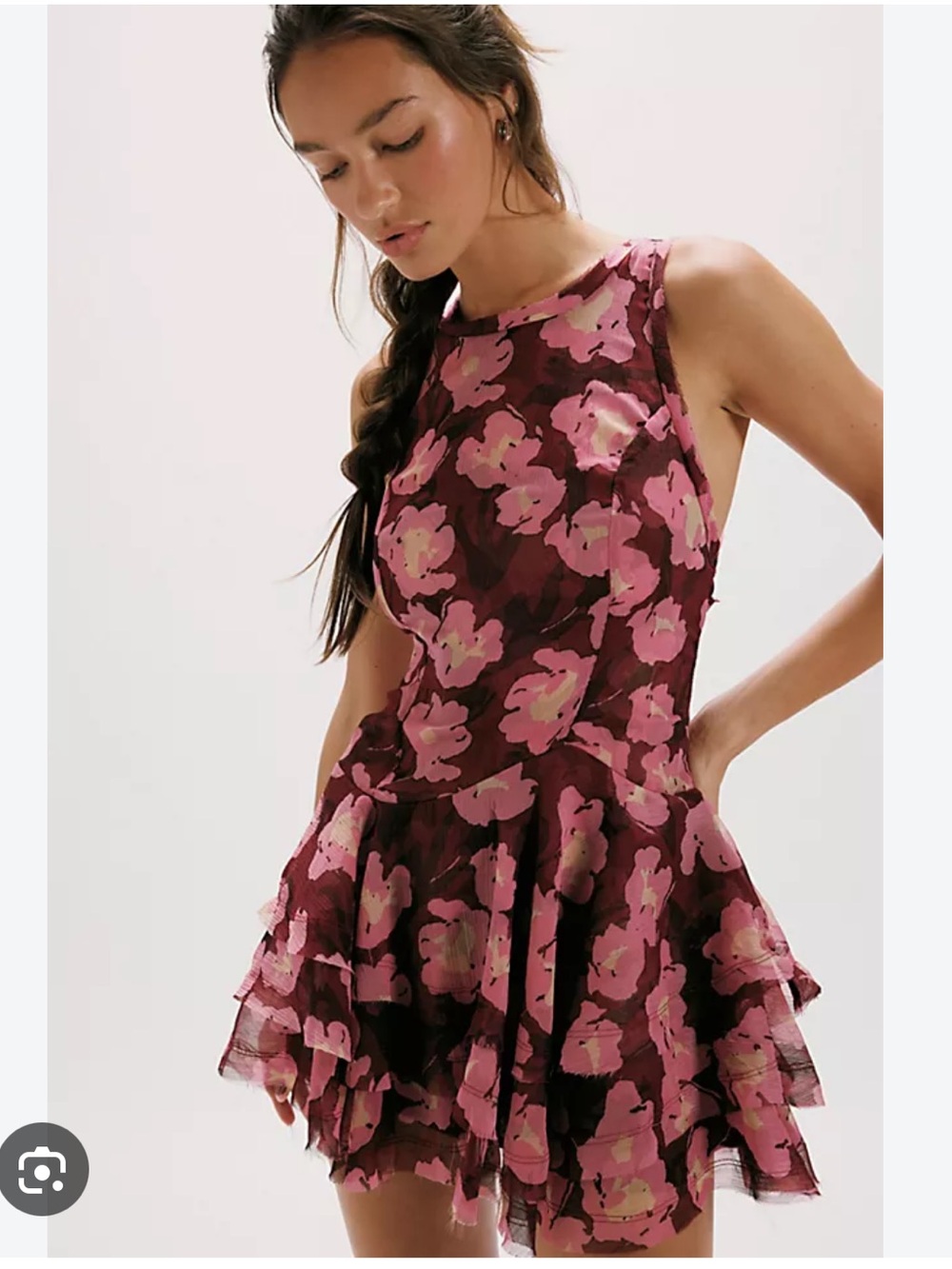 Free People Raven Printed Mini Dress XS Wine Red Combo NWT Dot Printed Ruffle